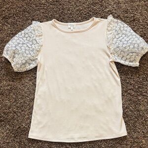 Ava James Off White Cream Mesh Puff Sleeve Lace Top S